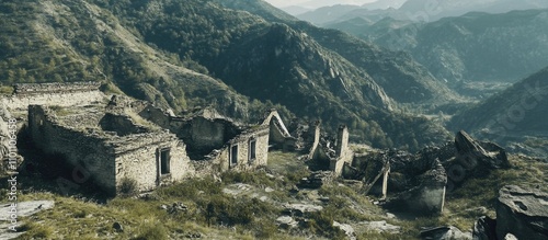 Historic ruins nestled in a mountainous landscape showcasing ancient architecture and natural beauty. photo