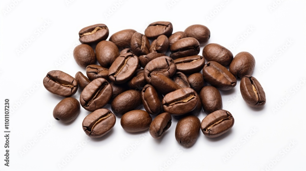 Freshly roasted coffee beans arranged artfully on a clean white background showcasing their rich color and texture ideal for coffee enthusiasts Freshly roasted coffee beans arranged artfully on a clean white background showcasing their rich color and texture ideal for coffee enthusiasts