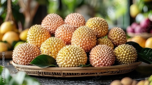 Exotic spiky fruit display in a rustic basket highlighting tropical textures and colors on a vibrant market backdrop. photo