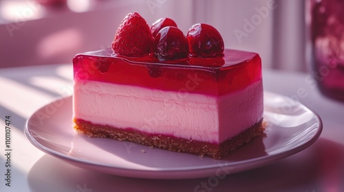 Delicious multi layered strawberry jelly cheesecake garnished with fresh berries on a white plate in soft natural light photo