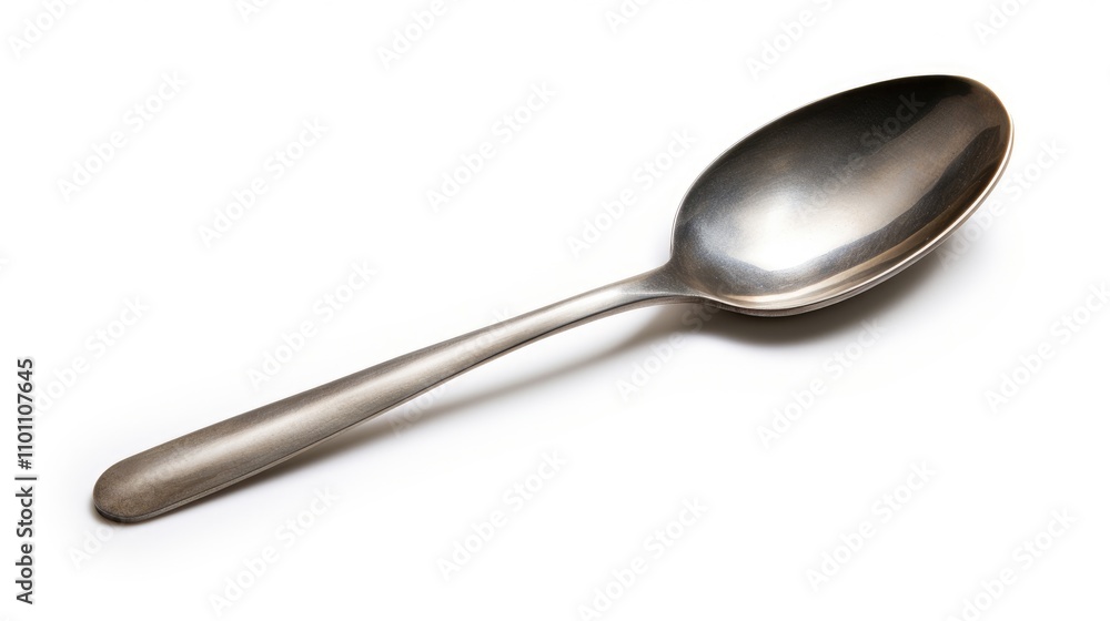 Iron teaspoon isolated on white background showcasing its sleek design and reflective surface for kitchenware or utensil-related content Iron teaspoon isolated on white background showcasing its sleek design and reflective surface for kitchenware or utensil-related content