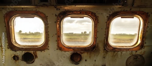 Rustic airplane windows showcasing a scenic landscape view through the exterior glass and aged metal frames in an abandoned aircraft. photo