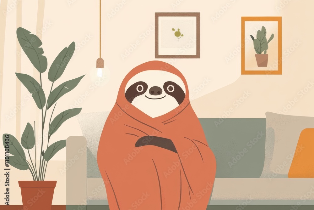 Obraz premium Cozy sloth wrapped in blanket in minimalist living room