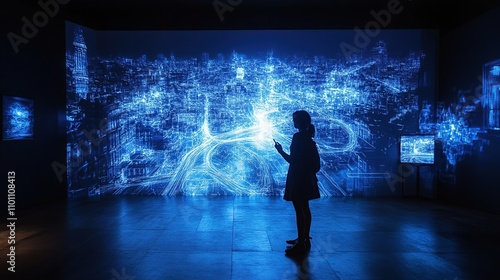 A silhouette interacts with a vibrant, digital cityscape projection in an immersive space.