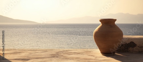 Cycladic clay jar on a scenic rooftop overlooking tranquil sea waters and distant mountains at sunset. photo