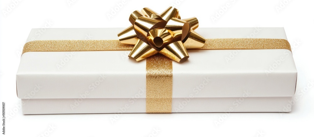 Fototapeta premium Elegant white gift box adorned with a luxurious golden ribbon and bow on a clean white background ideal for festive occasions and celebrations.