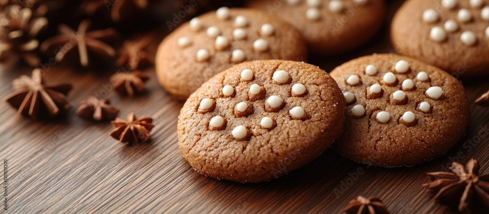 Gingerbread cookies with decorative icing on a wooden table surrounded by star anise creating a warm and festive atmosphere Gingerbread cookies with decorative icing on a wooden table surrounded by star anise creating a warm and festive atmosphere