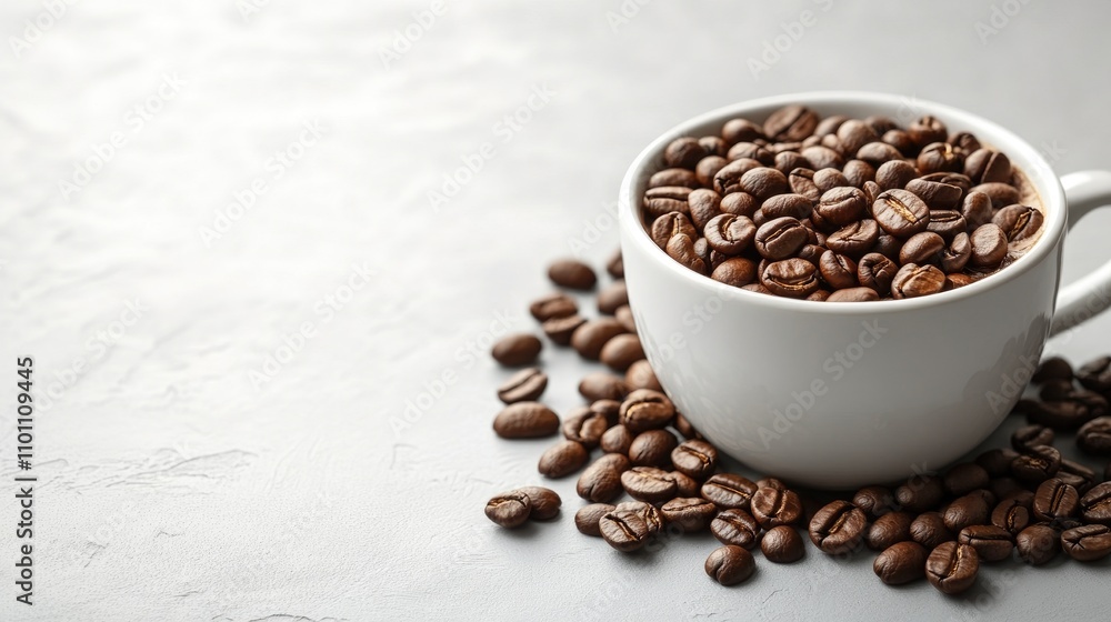 Fototapeta premium White ceramic mug filled with coffee beans on a light gray surface with scattered beans showcasing coffee culture and beverage preparation.