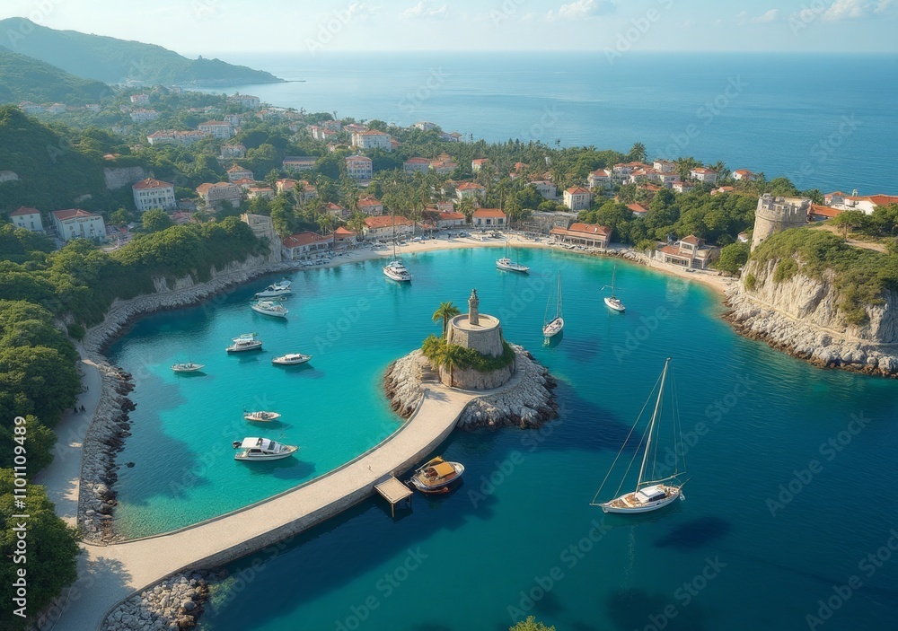 Scenic coastal view of a harbor with boats and lush surroundings in the daytime