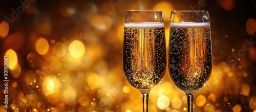 Two elegant champagne flutes filled with bubbly set against a shimmering golden background for celebrations and special occasions. photo