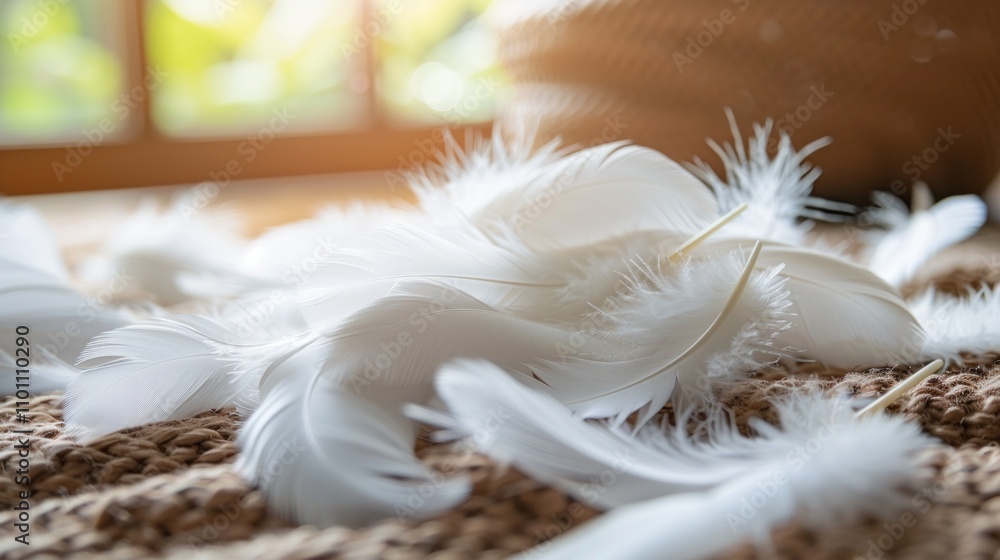 Fototapeta premium Delicate white feathers lay scattered on a textured surface, illuminated by warm sunlight filtering through a nearby window