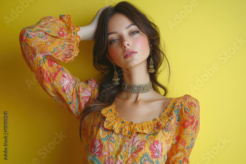 Woman in yellow floral dress walks along tranquil forest path, dappled sunlight filtering through trees while birds chirp in the background. photo