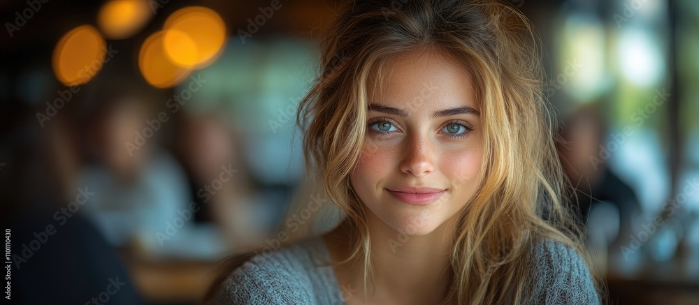 Fototapeta premium Young woman smiling warmly in a charming restaurant setting with soft lighting and a cozy atmosphere, enjoying a date with a partner