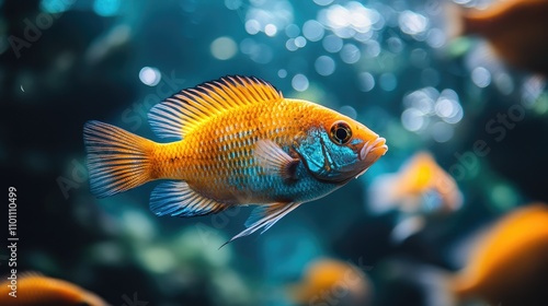 Vibrant Cichlasoma fish swimming in a colorful aquarium environment with soft bokeh background effects and aquatic plants. photo