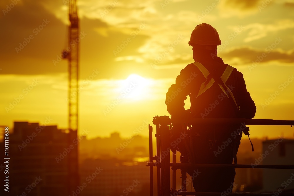 Obraz premium A construction worker in silhouette stands on a platform, looking out at the setting sun over a city skyline.