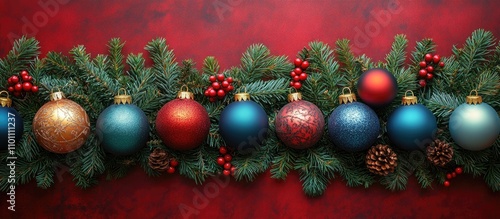 Colorful Christmas ornaments and spruce branches on vibrant red background for festive holiday decoration and design applications photo