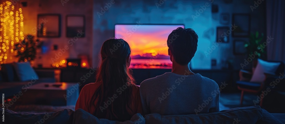 Young couple cozy together in a dimly lit living room watching TV with a colorful sunset scene creating a romantic atmosphere Young couple cozy together in a dimly lit living room watching TV with a colorful sunset scene creating a romantic atmosphere