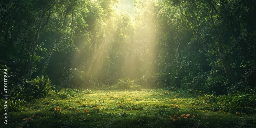 Obraz premium A serene forest scene illuminated by soft rays of sunlight, creating a tranquil and lush green atmosphere.