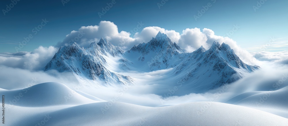 Majestic snow-covered mountain peaks under a clear blue sky with fluffy clouds creating a serene winter landscape ideal for nature enthusiasts. Majestic snow-covered mountain peaks under a clear blue sky with fluffy clouds creating a serene winter landscape ideal for nature enthusiasts.