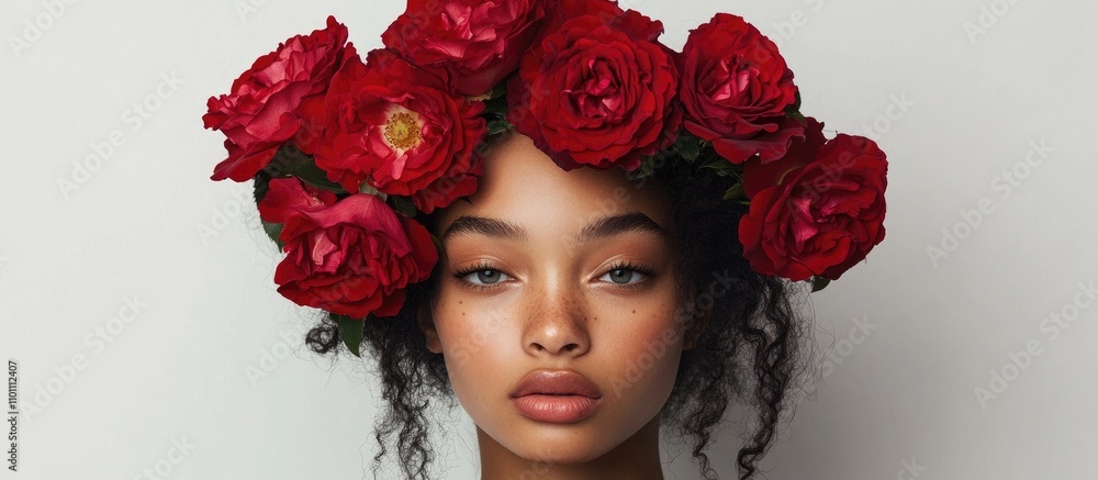 Naklejka premium Young woman adorned with a crown of red roses on a white background embodying beauty and elegance in a striking portraiture.