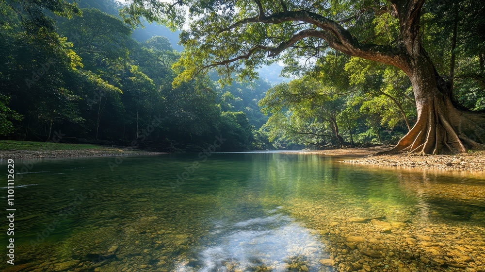A serene river scene surrounded by lush greenery, featuring a large tree and clear water reflecting the vibrant landscape. A serene river scene surrounded by lush greenery, featuring a large tree and clear water reflecting the vibrant landscape.