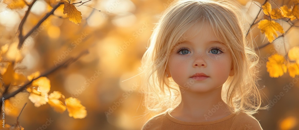 Fototapeta premium Charming young girl surrounded by autumn leaves in a soft golden light, evoking warmth and innocence in nature's beauty.