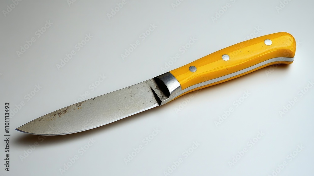 Fototapeta premium Yellow handled kitchen knife with stainless steel blade on a neutral white background showcasing kitchenware essentials for cooking and food prep.