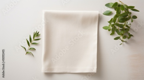 Minimalist flat lay of a folded kitchen napkin surrounded by greenery ideal for mockups and product display featuring ample copy space