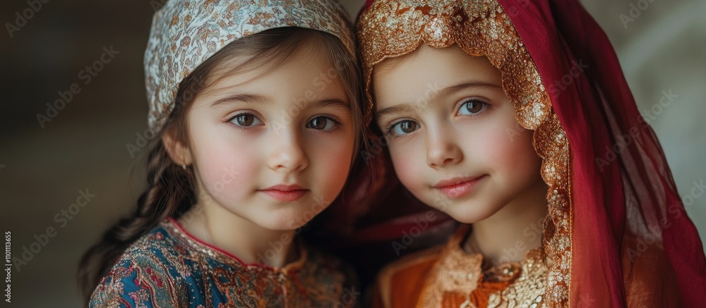 Young sisters wearing traditional attire showing affection and cultural heritage in a heartwarming portrait. Young sisters wearing traditional attire showing affection and cultural heritage in a heartwarming portrait.
