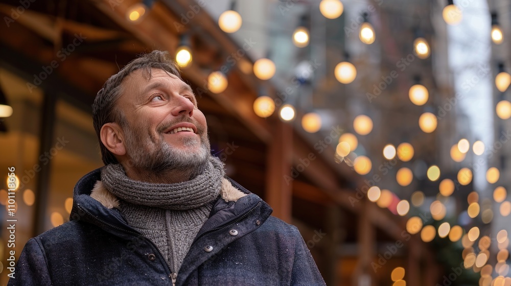 Fototapeta premium A man stands outside, smiling and looking up at warm decorative lights strung above a bustling street on a chilly winter evening