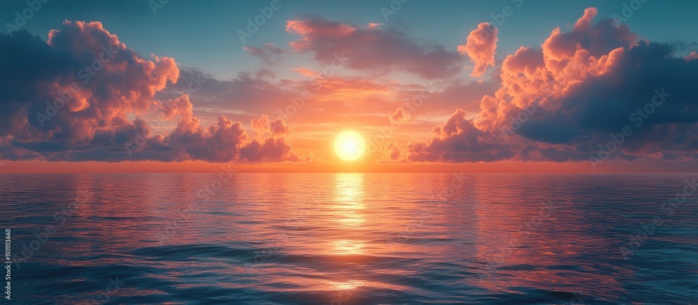 Serene sunset over calm ocean waters with vibrant clouds reflecting hues of orange and pink in the evening sky Serene sunset over calm ocean waters with vibrant clouds reflecting hues of orange and pink in the evening sky