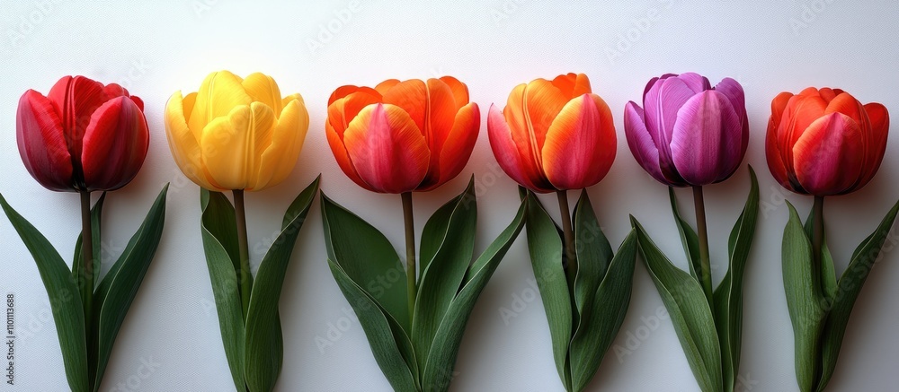 Fototapeta premium Colorful tulips arranged on a white background creating a vibrant display for spring-themed holiday cards or celebrations.