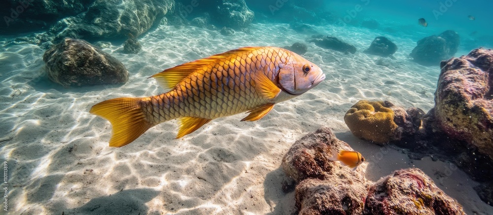 Fototapeta premium Vibrant marine life: Colorful sea fish swimming gracefully in clear water with stunning coral reefs and sandy ocean floor background.