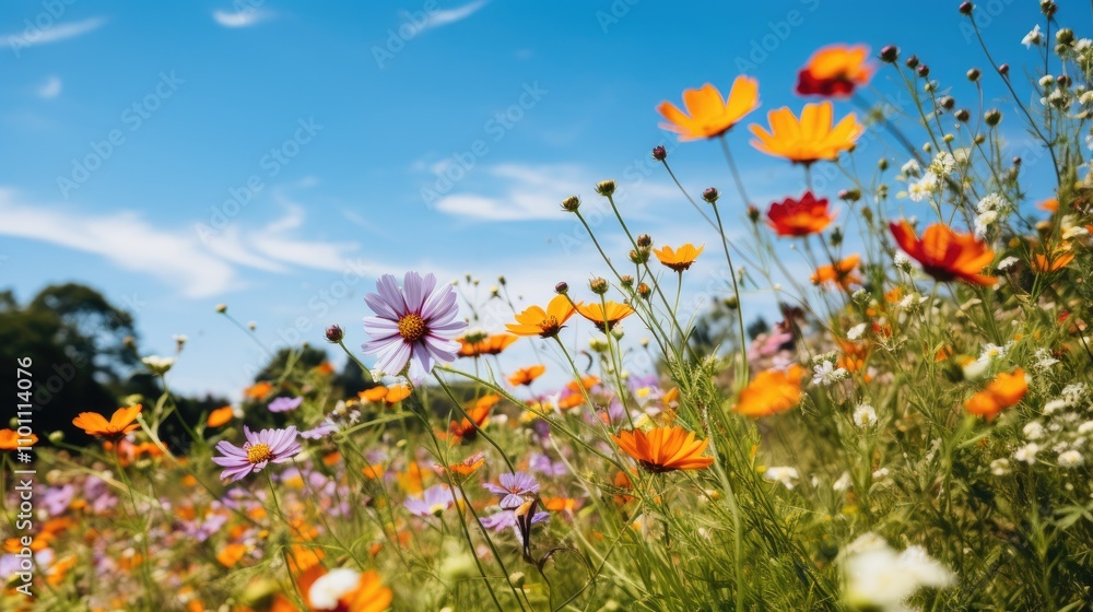 Obraz premium Vibrant wildflowers blooming in a sunny meadow under a clear blue sky showcasing nature's beauty and diversity in their natural environment