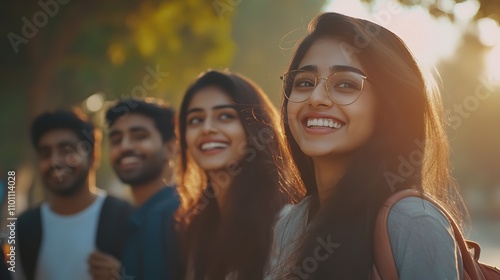 Cheerful Indian Asian young group of college students or friends photo