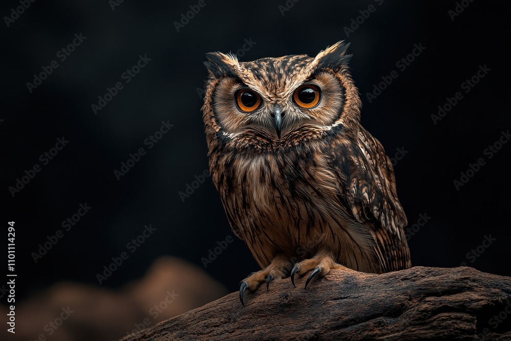 Fototapeta premium A striking owl perched on a tree branch, showcasing its detailed feathers, piercing gaze, and majestic presence in a dark, natural setting.