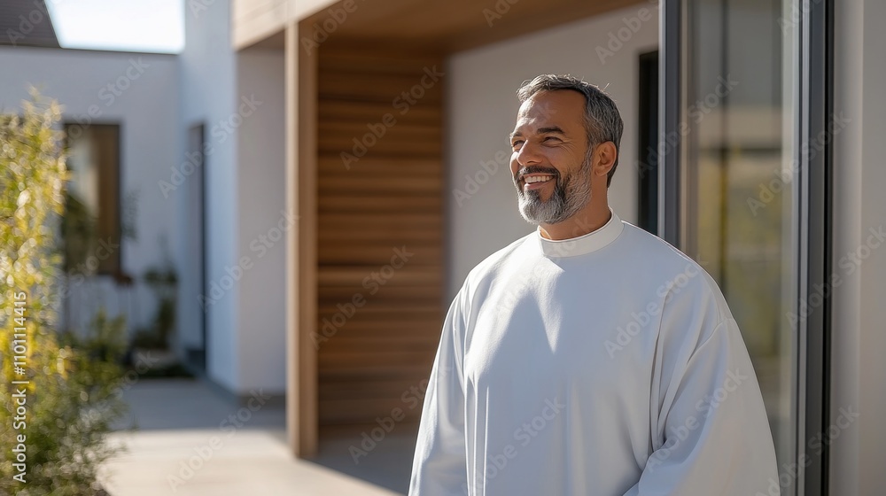 Fototapeta premium A man enjoys the outdoors in front of a contemporary home, radiating positivity and comfort while dressed casually