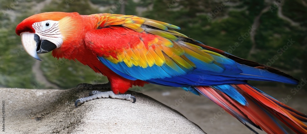 Obraz premium Vibrant macaw perched in a zoo enclosure showcasing its colorful plumage against a natural backdrop