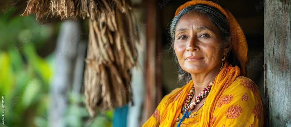 Woman in vibrant traditional attire posing gracefully at a rustic home surrounded by nature and cultural heritage elements Woman in vibrant traditional attire posing gracefully at a rustic home surrounded by nature and cultural heritage elements