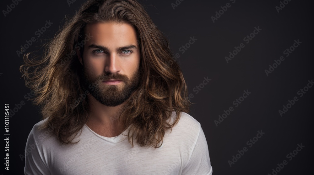 Obraz premium Male model with long hair and beard poses in studio highlighting trendy fashion styles against a minimalist backdrop.