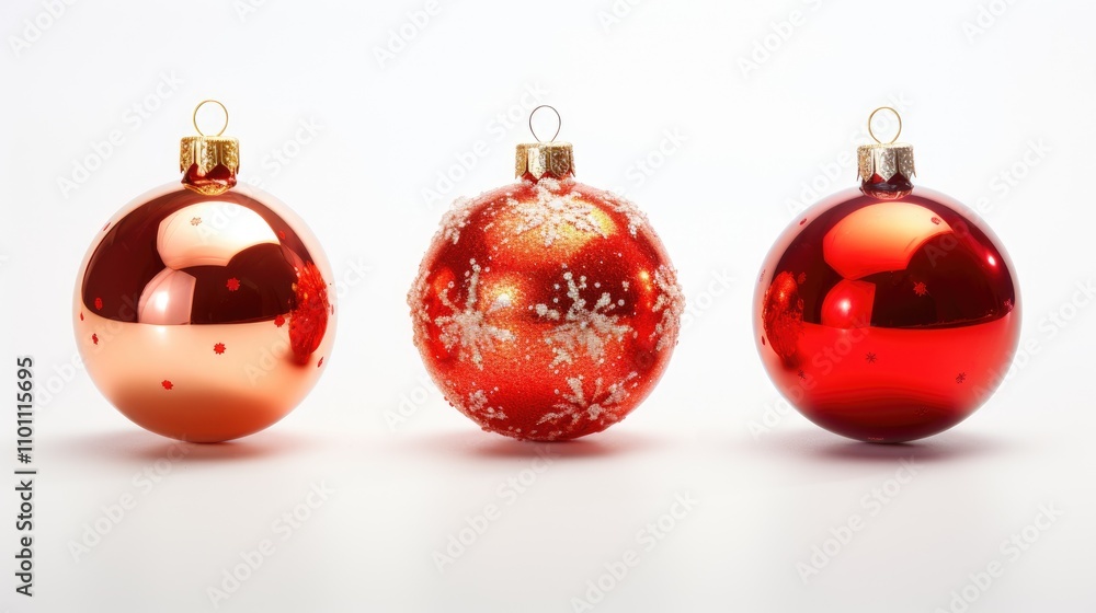 Three elegant red Christmas ornaments with varying designs displayed on a clean white background ideal for festive decor concepts. Three elegant red Christmas ornaments with varying designs displayed on a clean white background ideal for festive decor concepts.