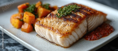 Grilled snook fillet with epazote cream, steamed vegetables, and red sauce on a white plate against a marble background close-up view photo