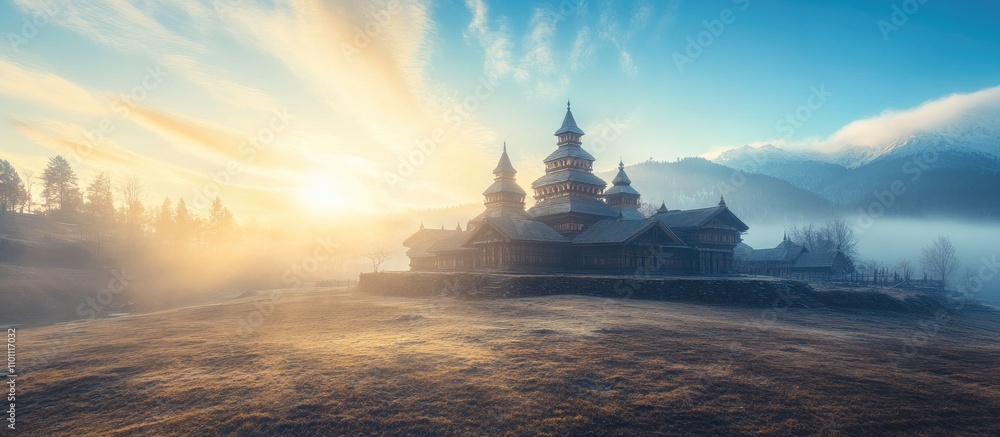 Fototapeta premium Traditional wooden architecture with intricate designs illuminated by sunlight in a serene spring landscape at dawn.