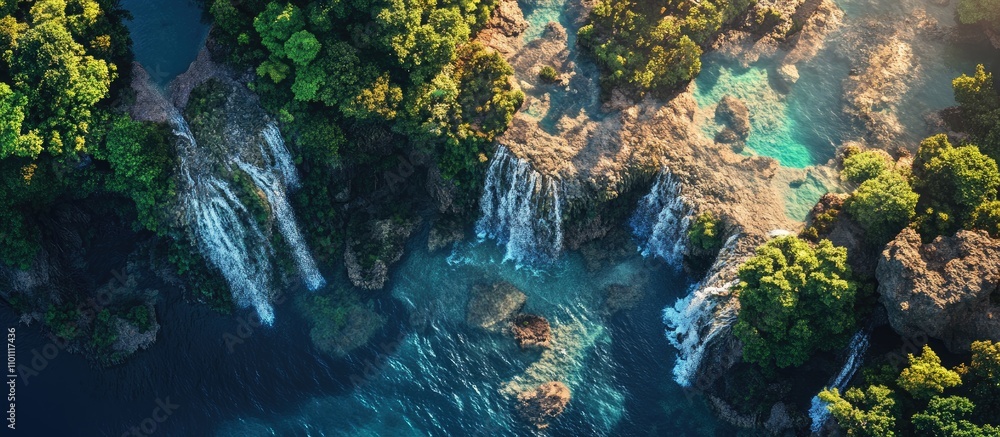 Aerial view of stunning waterfalls surrounded by lush greenery on a tranquil island showcasing natural beauty and vibrant colors Aerial view of stunning waterfalls surrounded by lush greenery on a tranquil island showcasing natural beauty and vibrant colors