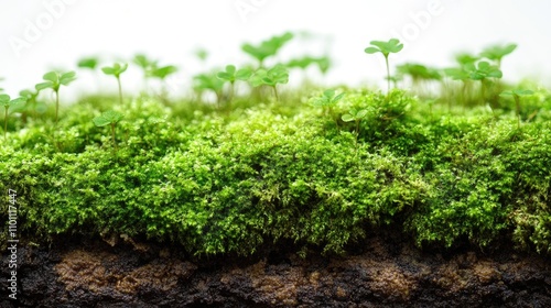 Vibrant green moss lushly growing against a clean white background showcasing nature's beauty and texture in a serene setting. photo