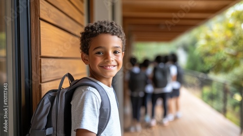 A cheerful boy in a gray t-shirt and backpack stands on a wooden porch smiling as classmates stroll by, enjoying school life photo