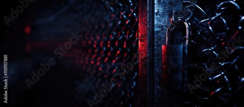 Metal grille with a padlock symbolizing security and protection in a dark and moody environment highlighting safety concepts. photo