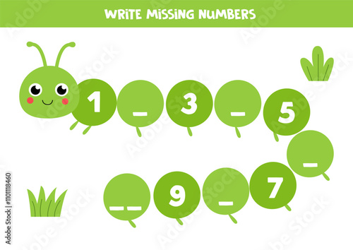 Count and write missing numbers.  Counting game with cute green caterpillar.