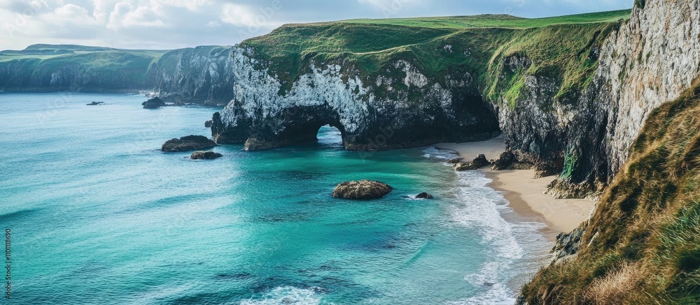 Fototapeta premium Breathtaking coastal landscape with turquoise waters and dramatic cliffs meeting a sandy beach under a cloudy sky