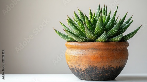 Gasteraloe succulent in a rustic pot against a minimalistic white background showcasing vibrant green foliage and earthy tones. photo